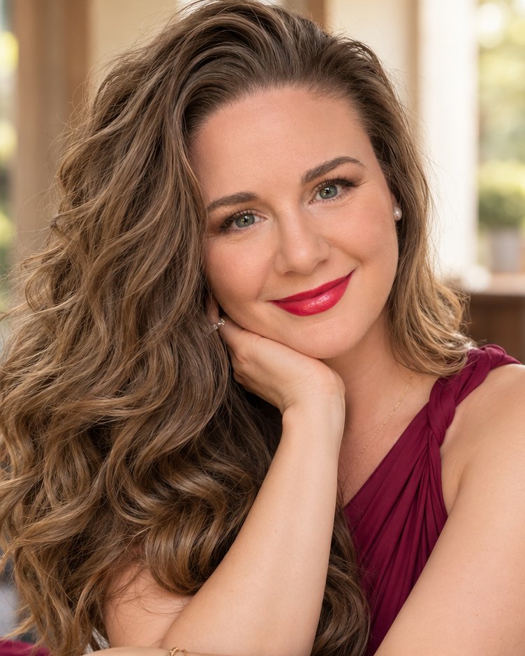 Christi Michelle, smiling, chin resting on her hand, in a burgundy dress